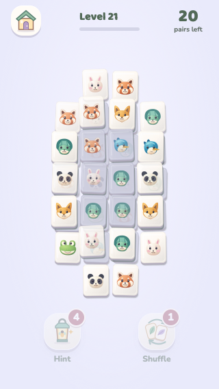 Forest Friends level 21: a layered board of woodland animal tiles with 20 pairs left